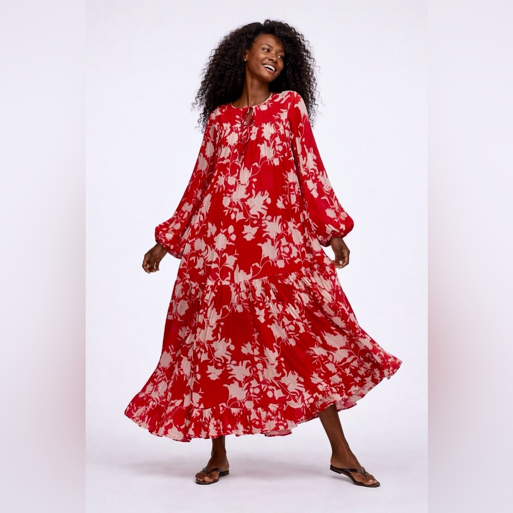 Johanna Ortiz x H&M Red Floral Maxi Dress Boho Tiered Tie-Neck Long Sleeve